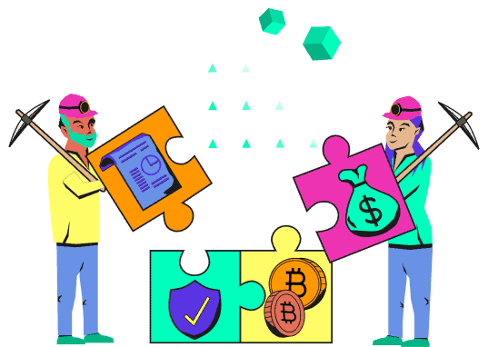 Crypto miners assembling puzzle pieces
