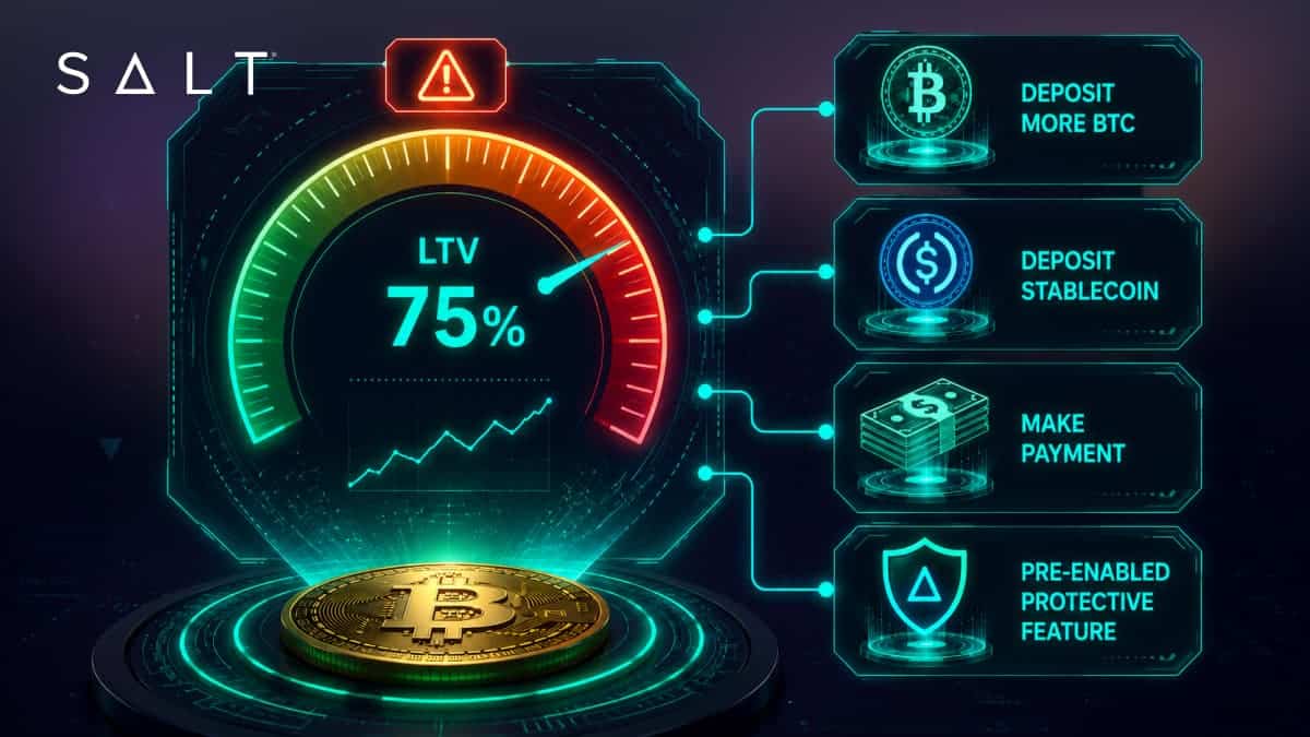 Crypto loan LTV gauge showing 75% with margin call options.