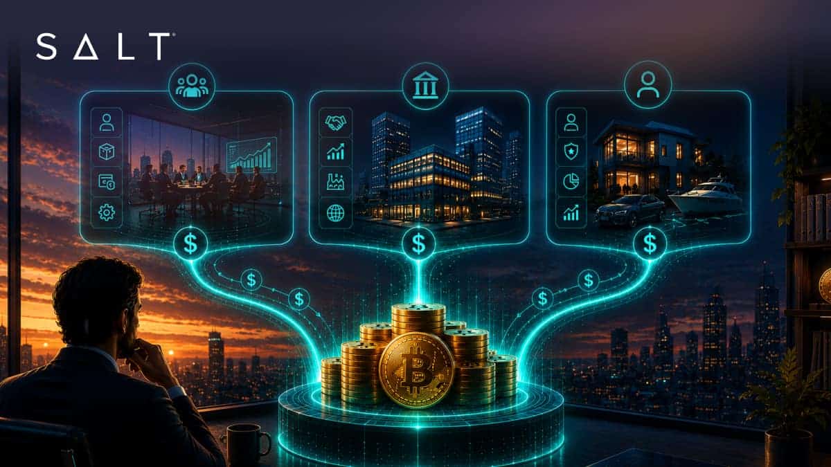Digital illustration of Bitcoin-backed loans with cityscape and blockchain icons.