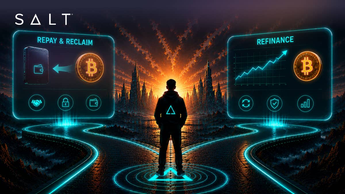 Digital illustration of Bitcoin lending with crypto-repay, reclaim, and refinance options.