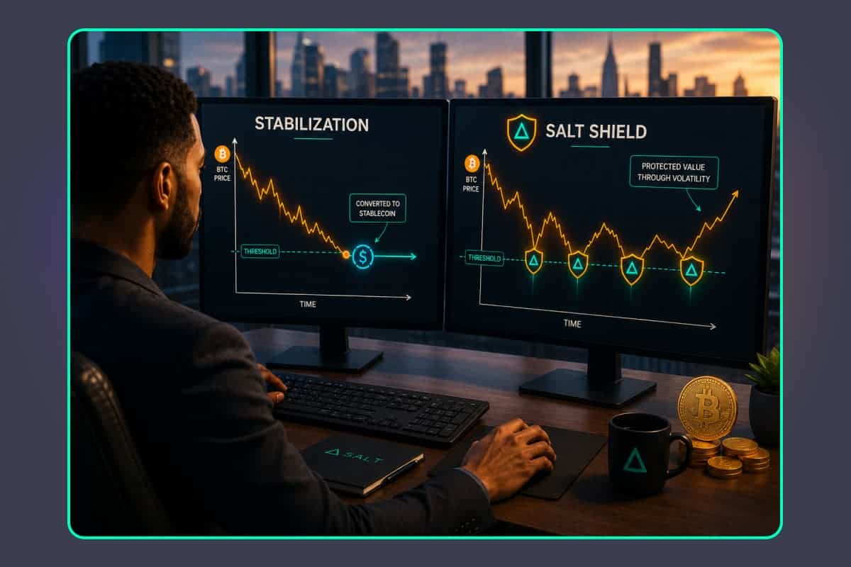 Man analyzing Bitcoin stabilization and salt shield graphs on dual monitors.