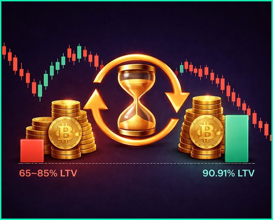 Bitcoin collateral and loan cycle with price fluctuation chart and gold coins.