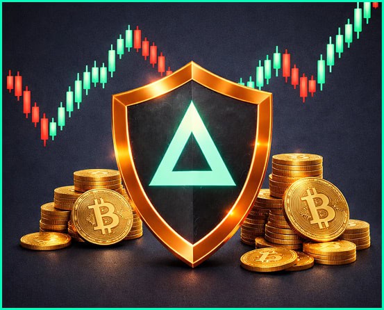 SALT Shield No Liquidation with Bitcoin coins and crypto chart background.